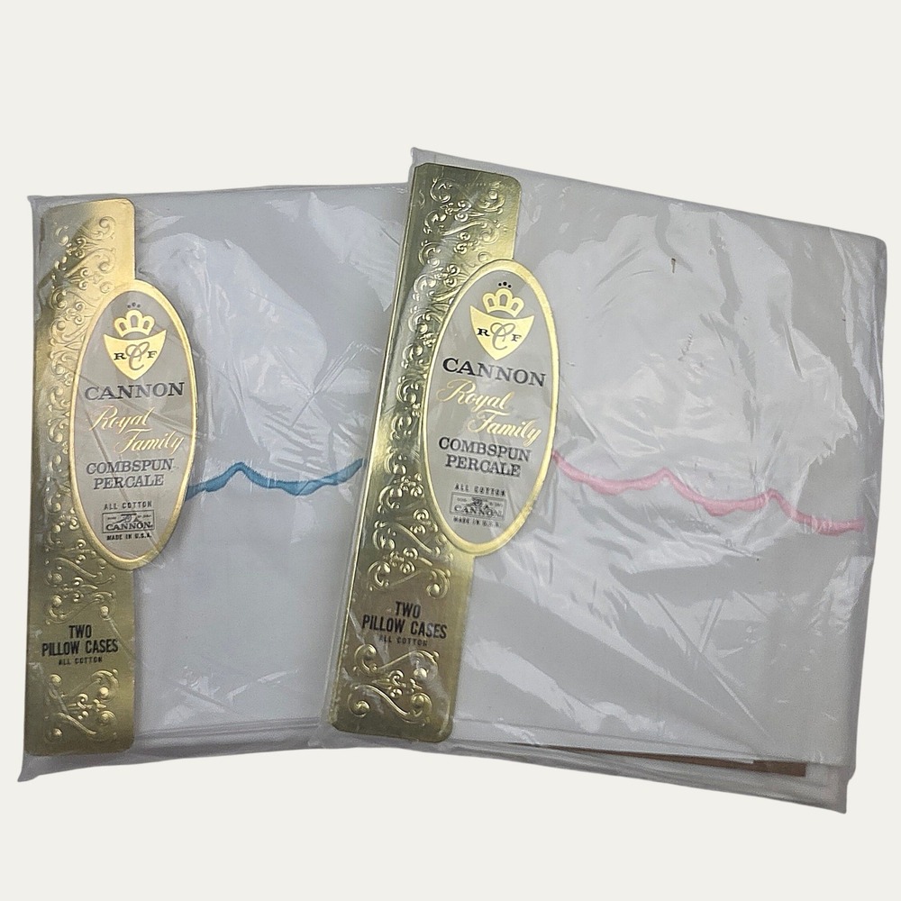 Vintage NOS Cannon Royal Family Pillow Cases 2 Sets White Pink Blue Scalloped